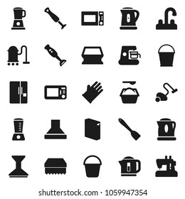 Flat vector icon set - vacuum cleaner vector, bucket, sponge, car fetlock, washing powder, rubber glove, water tap, kettle, spatula, microwave oven, blender, fridge, coffee maker, hood