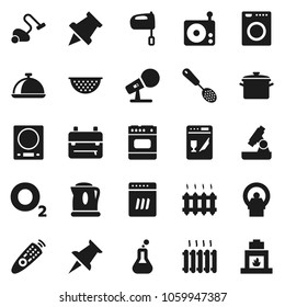 Flat vector icon set - vacuum cleaner vector, pan, colander, skimmer, mixer, dish, backpack, microscope, paper pin, oxygen, microphone, radio, remote control, thumbtack, flask, tomography, heating
