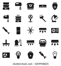 Flat vector icon set - vacuum cleaner vector, mixer, double boiler, blender, table lamp, windmill, air conditioner, ari condition, fridge, multi cooker, epilator, fan, bulb