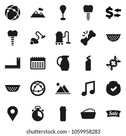 Flat vector icon set - vacuum cleaner vector, foam basin, cleaning agent, colander, cook timer, jug, corner ruler, music, exchange, punching bag, calendar, protected, internet, dna, broken bone, pin