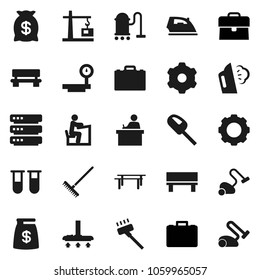 Flat vector icon set - vacuum cleaner vector, rake, iron, steaming, student, case, horizontal bar, big scales, vial, data, gear, bench, construction crane, money bag