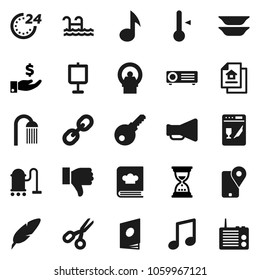 Flat vector icon set - vacuum cleaner vector, shower, cookbook, thermometer, plates, pen, scissors, presentation, music, investment, sand clock, traking, loudspeaker, link, finger down, tomography