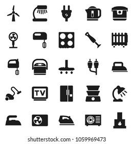 Flat vector icon set - vacuum cleaner vector, iron, mixer, oven, table lamp, tv, rca, windmill, ari condition, fridge, power plug, multi cooker, blender, fan, kettle, double boiler, heater