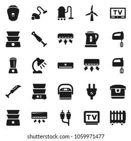 Flat vector icon set - vacuum cleaner vector, kettle, mixer, double boiler, table lamp, tv, rca, windmill, air conditioner, power plug, multi cooker, blender, epilator, heater