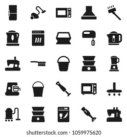 Flat vector icon set - vacuum cleaner vector, fetlock, bucket, sponge, microwave oven, double boiler, blender, fridge, dishwasher, mixer, coffee maker, hood, kettle, sewing machine