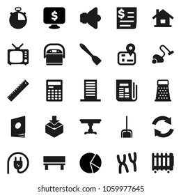 Flat vector icon set - vacuum cleaner vector, scoop, spatula, grater, ruler, calculator, pie graph, monitor dollar, stopwatch, navigator, receipt, package, newspaper, speaker, tv, chromosomes, bench