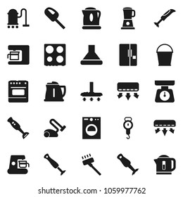 Flat vector icon set - vacuum cleaner vector, bucket, kettle, scales, oven, blender, air conditioner, fridge, washer, coffee maker, hood