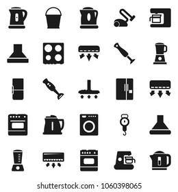 Flat vector icon set - vacuum cleaner vector, bucket, kettle, scales, oven, blender, air conditioner, fridge, washer, coffee maker, hood