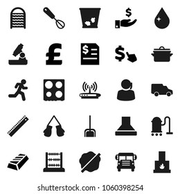 Flat vector icon set - vacuum cleaner vector, scoop, trash bin, water drop, splotch, washboard, pan, whisk, oven, ruler, microscope, school bus, abacus, gold ingot, investment, annual report, pound
