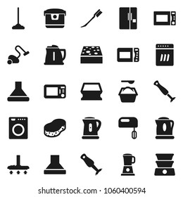 Flat vector icon set - vacuum cleaner vector, mop, sponge, car fetlock, washing powder, kettle, microwave oven, blender, fridge, washer, dishwasher, mixer, hood, multi cooker, double boiler