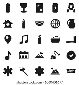 Flat vector icon set - vacuum cleaner vector, window cleaning, foam basin, agent, woman, colander, jug, corner ruler, music, punching bag, enegry drink, calendar, glass, protected, internet, pin