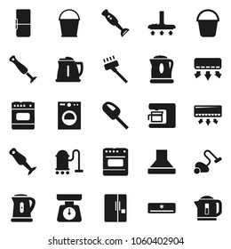 Flat vector icon set - vacuum cleaner vector, bucket, kettle, scales, blender, air conditioner, fridge, washer, coffee maker, hood, oven
