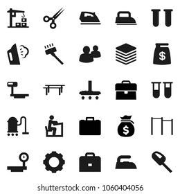 Flat vector icon set - vacuum cleaner vector, iron, steaming, student, case, money bag, horizontal bar, big scales, group, vial, scissors, data, gear, construction crane