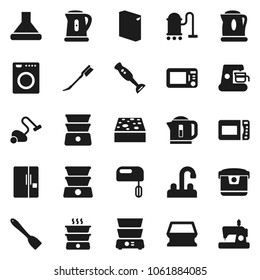 Flat vector icon set - vacuum cleaner vector, sponge, car fetlock, washing powder, water tap, kettle, spatula, double boiler, blender, fridge, washer, mixer, coffee maker, hood, multi cooker