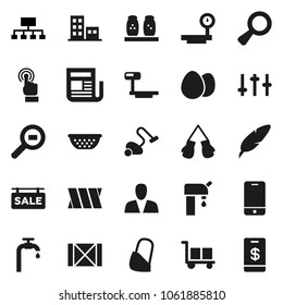Flat vector icon set - vacuum cleaner vector, colander, spices, egg, pen, hierarchy, boxing glove, wood box, cargo, big scales, search, newspaper, settings, mobile phone, touchscreen, magnifier