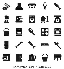 Flat vector icon set - vacuum cleaner vector, bucket, kettle, scales, oven, blender, air conditioner, fridge, washer, coffee maker, hood