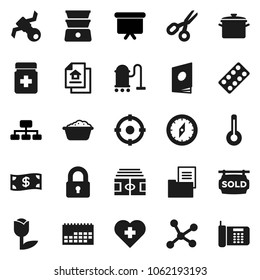 Flat vector icon set - vacuum cleaner vector, foam basin, pan, double boiler, compass, scissors, presentation board, hierarchy, stadium, heart cross, satellite, calendar, tulip, thermometer, blister