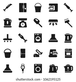Flat vector icon set - vacuum cleaner vector, bucket, kettle, scales, oven, blender, air conditioner, fridge, washer, coffee maker, hood
