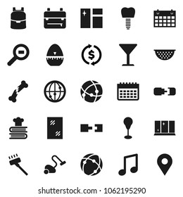 Flat vector icon set - vacuum cleaner vector, window cleaning, shining, colander, cook timer, cookbook, backpack, music, exchange, punching bag, calendar, glass, cargo search, internet, broken bone