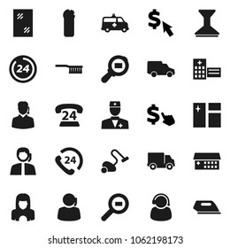Flat vector icon set - vacuum cleaner vector, fetlock, car, window cleaning, agent, woman, dollar cursor, phone 24, support, delivery, cargo search, doctor, hospital building, amkbulance, hour, iron