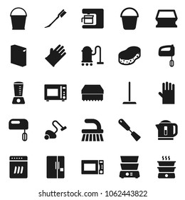 Flat vector icon set - vacuum cleaner vector, fetlock, mop, bucket, sponge, car, washing powder, rubber glove, spatula, microwave oven, double boiler, fridge, dishwasher, mixer, coffee maker, kettle