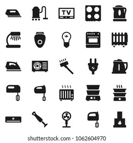 Flat vector icon set - vacuum cleaner vector, iron, kettle, mixer, oven, double boiler, table lamp, tv, air conditioner, ari condition, power plug, epilator, blender, fan, heater, bulb, fireplace