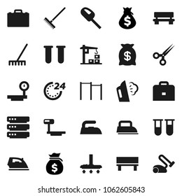 Flat vector icon set - vacuum cleaner vector, rake, iron, steaming, case, money bag, horizontal bar, big scales, vial, scissors, data, bench, construction crane, 24 hour