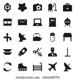 Flat vector icon set - vacuum cleaner vector, mop, splotch, toilet paper, water closet, kettle, bbq, plates, case, notebook pc, roller Skates, heart monitor, route, plane, satellite antenna, camera