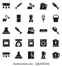 Flat vector icon set - vacuum cleaner vector, bucket, kettle, scales, oven, blender, air conditioner, fridge, washer, coffee maker, hood