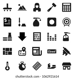 Flat vector icon set - vacuum cleaner vector, toilet brush, liquid soap, woman, cook timer, rolling pin, meat hammer, abacus, annual report, calculator, arrow down, target, navigator, ship, mountain