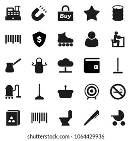 Flat vector icon set - vacuum cleaner vector, mop, toilet, apron, turk coffee, cereal, student, pen, magnet, wallet, dollar shield, roller Skates, target, no smoking, oil barrel, barcode, favorites