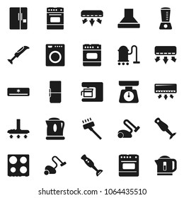 Flat vector icon set - vacuum cleaner vector, scales, oven, blender, air conditioner, fridge, washer, coffee maker, hood, kettle