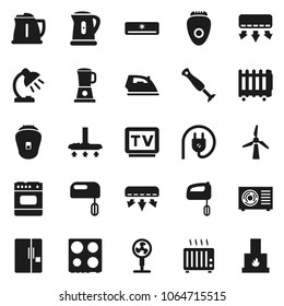 Flat vector icon set - vacuum cleaner vector, iron, kettle, oven, table lamp, tv, windmill, air conditioner, ari condition, fridge, power plug, mixer, blender, epilator, fan, heater, fireplace