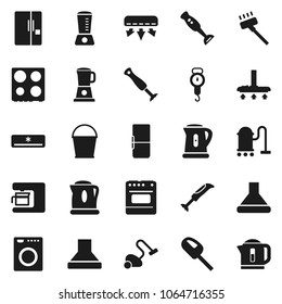 Flat vector icon set - vacuum cleaner vector, bucket, kettle, scales, oven, blender, air conditioner, fridge, washer, coffee maker, hood