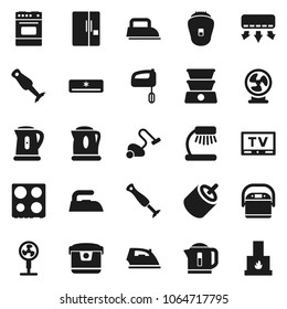 Flat vector icon set - vacuum cleaner vector, iron, kettle, oven, blender, table lamp, tv, rca, air conditioner, fridge, mixer, multi cooker, epilator, fan, double boiler, fireplace