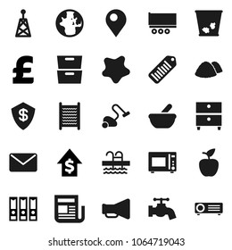 Flat Vector Icon Set - Vacuum Cleaner Vector, Trash Bin, Water Tap, Splotch, Washboard, Garbage Pile, Microwave Oven, Apple Fruit, World, Archive, Dollar Growth, Binder, Pound, Pool, Truck Trailer