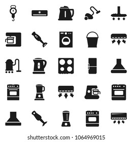 Flat vector icon set - vacuum cleaner vector, bucket, kettle, scales, oven, blender, air conditioner, fridge, washer, coffee maker, hood