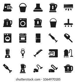 Flat vector icon set - vacuum cleaner vector, bucket, kettle, scales, oven, blender, fridge, washer, coffee maker, hood, air conditioner