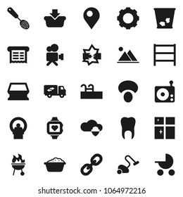 Flat vector icon set - vacuum cleaner vector, sponge, trash bin, foam basin, shining window, skimmer, bbq, mushroom, heart monitor, shelving, radio, video camera, link, tomography, tooth, gear, pin