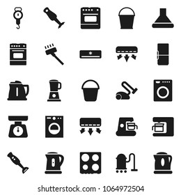 Flat vector icon set - vacuum cleaner vector, bucket, kettle, scales, oven, blender, air conditioner, fridge, washer, coffee maker, hood