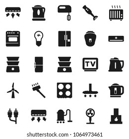 Flat vector icon set - vacuum cleaner vector, kettle, oven, double boiler, blender, tv, rca, windmill, air conditioner, fridge, mixer, epilator, fan, heater, bulb, fireplace