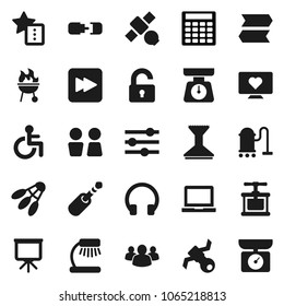 Flat vector icon set - vacuum cleaner vector, car fetlock, water closet, scales, cook press, bbq, table lamp, notebook pc, presentation, calculator, shuttlecock, heart monitor, satellite, headphones