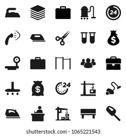 Flat vector icon set - vacuum cleaner vector, iron, steaming, student, case, money bag, horizontal bar, big scales, group, vial, scissors, data, bench, construction crane, 24 hour