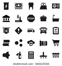 Flat vector icon set - vacuum cleaner vector, bath, pan, kettle, calculator, school bus, bank, cart, dollar flag, enegry drink, money, speaker, potion, tooth, cloud exchange, router, share, stop