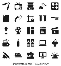 Flat vector icon set - vacuum cleaner vector, fetlock, iron, steaming, sink, rolling pin, cutting board, oven, double boiler, notebook pc, monitor dollar, hand trainer, punching bag, cinema clap, tv