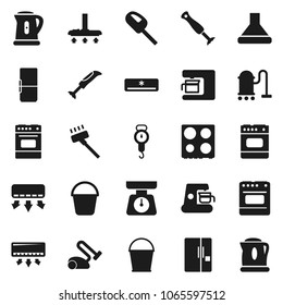 Flat vector icon set - vacuum cleaner vector, bucket, kettle, scales, oven, air conditioner, fridge, coffee maker, hood, blender