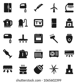 Flat vector icon set - vacuum cleaner vector, kettle, mixer, blender, table lamp, tv, rca, windmill, ari condition, fridge, oven, epilator, air conditioner, double boiler, heater, fireplace