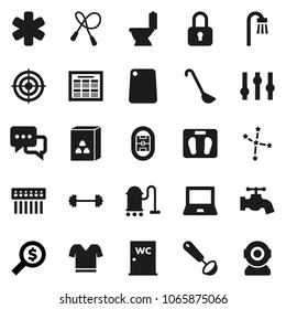 Flat vector icon set - vacuum cleaner vector, water tap, toilet, closet, ladle, cutting board, cereal, notebook pc, schedule, constellation, money search, barbell, scales, jump rope, t shirt, target