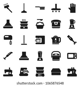Flat vector icon set - vacuum cleaner vector, fetlock, mop, sponge, washing powder, rubber glove, double boiler, blender, mixer, coffee maker, hood, multi cooker, microwave oven, kettle