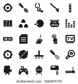 Flat vector icon set - vacuum cleaner vector, scoop, clothespin, splotch, shining window, whisk, skimmer, bbq, cereal, document, crisis, target, medal, gamepad, equalizer, tv, video camera, mixer